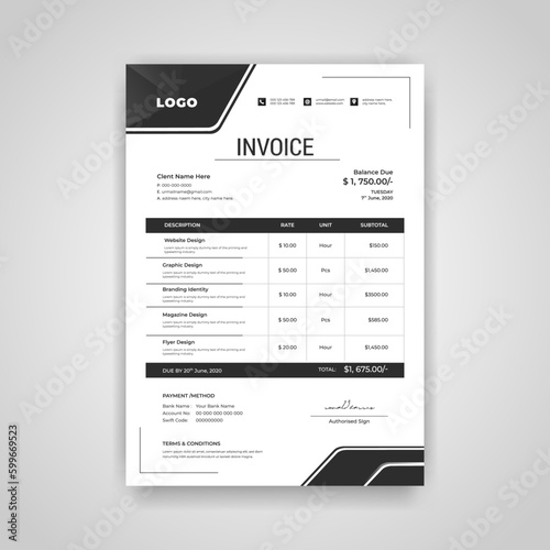 Abstract modern colorful business invoice template. creative invoice Template Paper Sheet Include Accounting, Price, Tax, and Quantity. With color variation Vector illustration of Finance Free Vector