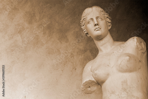 Statue of Venus de Milo  Reproduction version, Head and Torso Detail Perspective with eyes looking away from copy space