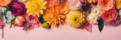 Spring banner for 8 march, mother's day, colorful vibrant bouquet of various flowers, generative ai
