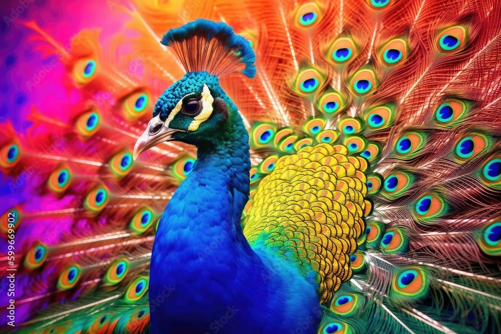 Obraz premium colorful peacock on colorful background wallpaper - Generative AI