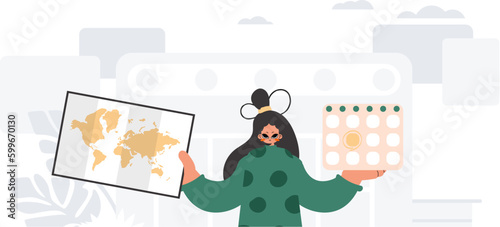 ﻿The enthusiastic woman holds a calendar and a chart of the world in his hands. The concept of rest and travel. Trendy style, Vector Illustration