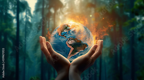 Hands holding a burning planet earth. Created with Generative AI tools