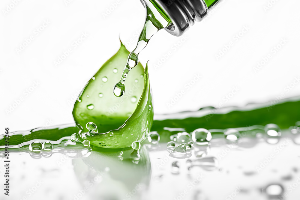 Fresh Aloe vera, droplets and cosmetic bottle on white background. Generative AI illustration Fresh Aloe vera, droplets and cosmetic bottle on white background. Generative AI illustration