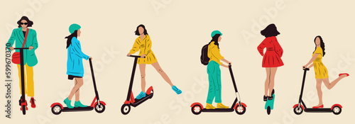 Set of Young female characters with backpack ride modern urban transport electric kick scooter. Active hipster adult millennial uses lifestyle ecology technologies.