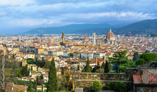 Panoramic view of old town of Florence with Dome of Florence Duomo or Basilica di Santa Maria del Fiore cathedral, Tuscany. Italy in a beautiful summer day © lesia