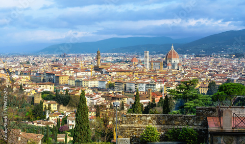 Panoramic view of old town of Florence with Dome of Florence Duomo or Basilica di Santa Maria del Fiore cathedral, Tuscany. Italy in a beautiful summer day