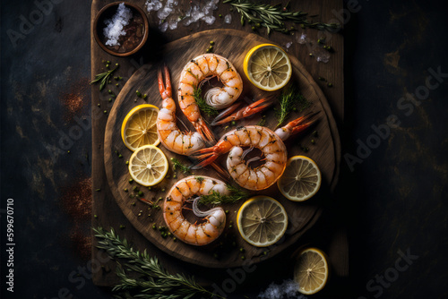 shrimps on a wooden tray on a dark background, Generative Ai