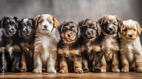 Cute group of dogs sit in row and pose looking at camera. Generative AI. High quality illustration