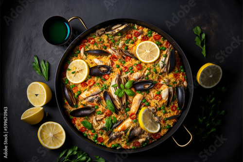 Seafood paella on a gray background. Mediterranean diet., Generative Ai