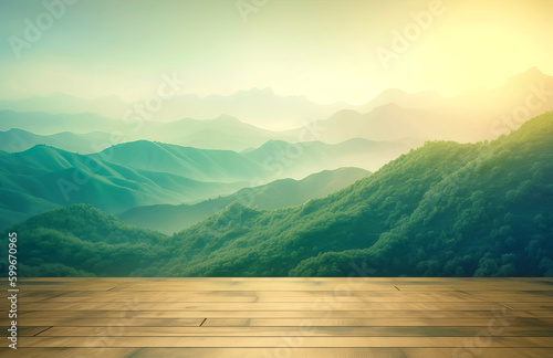 Empty wooden tabletop with green hills background for advertising and presentation. Selective focus on tabletop. Generative AI illustration