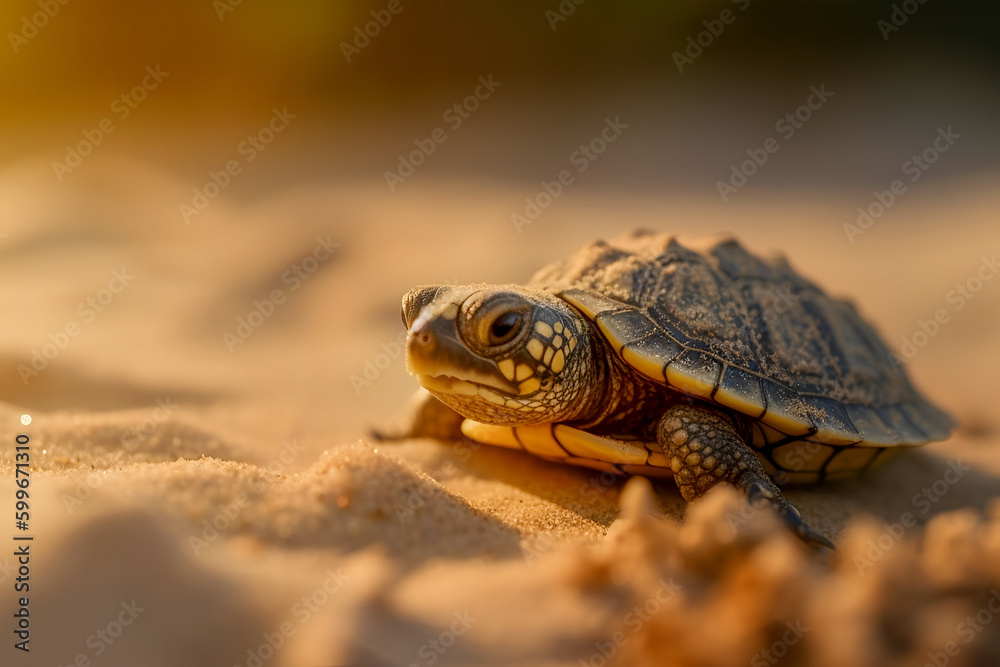 Close up Adorable little sea turtle with shell crawling on sandy beach in daytime. Baby sea turtle making their first step into ocean. Generative ai Close up Adorable little sea turtle with shell crawling on sandy beach in daytime. Baby sea turtle making their first step into ocean. Generative ai
