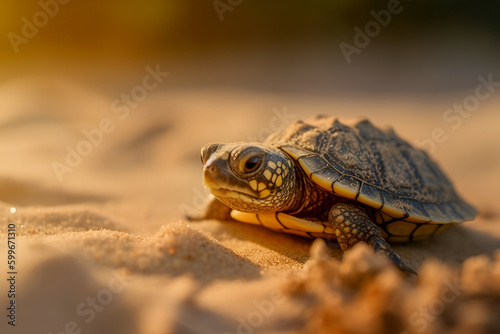 Close up Adorable little sea turtle with shell crawling on sandy beach in daytime. Baby sea turtle making their first step into ocean. Generative ai