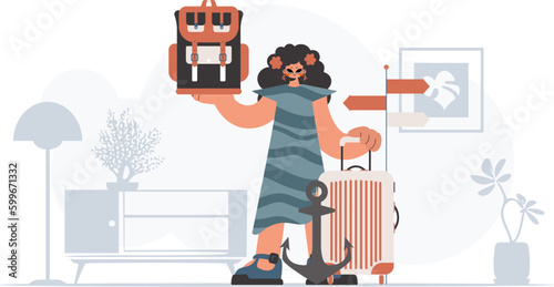 ﻿The enthusiastic woman is holding a travel rucksack and a plunder. The concept of rest and travel. Trendy style, Vector Illustration
