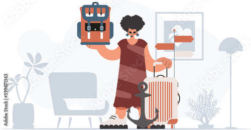 ﻿The eager lady is holding a travel rucksack and a loot. The concept of rest and travel. Trendy style, Vector Illustration