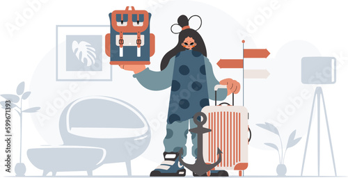 ﻿The enthusiastic woman is holding a travel rucksack and a plunder. The concept of rest and travel. Trendy style, Vector Illustration