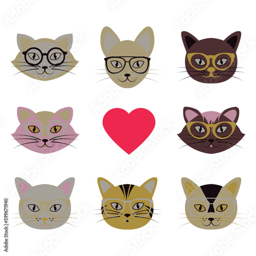 Fototapeta Naklejka Na Ścianę i Meble -  Different types of cats wearing glasses, and a red heart in the middle.
Fashion Design, Vectors for t-shirts and endless applications.