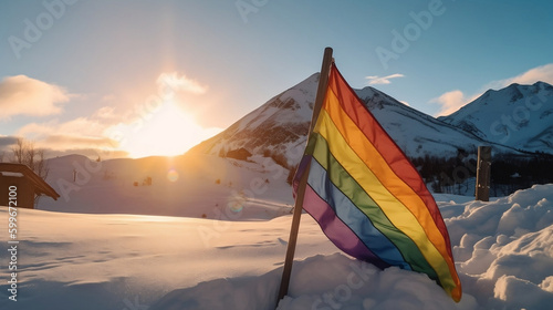 LGTBI pride flag around the world. LGTBI flag in the city, on the beach, on the street, in the snow... LGTBI pride celebration. Images generated by AI. 