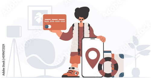 ﻿The person is holding a bank card and a phone with a zone. The concept of rest and travel. Trendy style, Vector Illustration