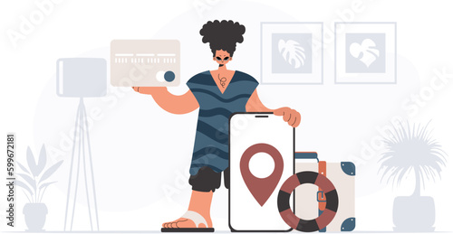﻿The person is holding a bank card and a phone with a zone. The concept of rest and travel. Trendy style, Vector Illustration