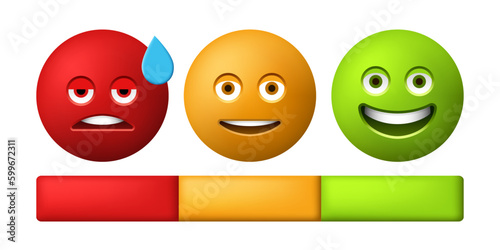 Rating scale or pain scale in the form of emoticons. From red to green smiley. Vector clipart isolated on white background.