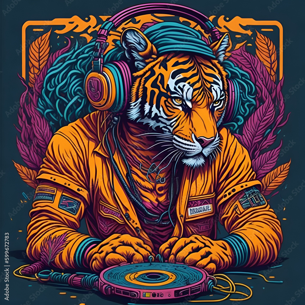 Fototapeta premium Highly detailed colorful graffiti illustration of a Tiger as DJ, wearing headphone