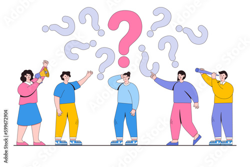 Answer to question concept with people around frequently question marks. Outline design style minimal vector illustration for landing page  web banner  infographics  hero images