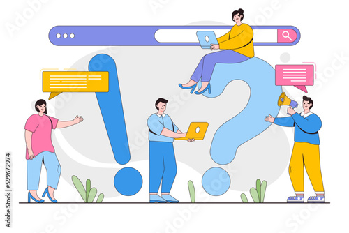 Frequently asked questions with exclamations and question marks around people characters. Outline design style minimal vector illustration for landing page, web banner, infographics, hero images