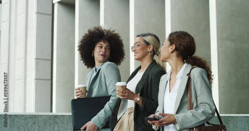 Teamwork, friends and business women walking in the city on their morning commute into work. Collaboration, corporate and professional with a female employee team taking a walk in an urban town