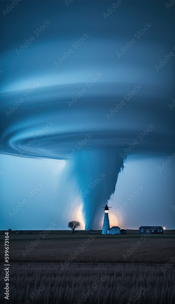 Minimalist Tropical Strom Tornado in The Great Plains Blue Hour Landscape Background AI Generative