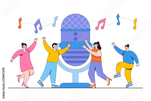 News, interviews, voice acting, sound recording on radio into microphone concept. Group of people dancing and having fun the music. Outline design style minimal vector illustration for landing page