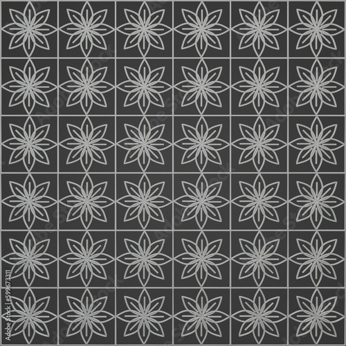 tile and fabric pattern consisting of three-dimensional motifs in the form of flowers in gray color