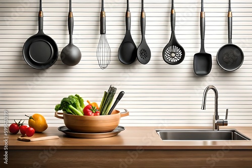 kitchen utensils on the kitchen wall, generative ai