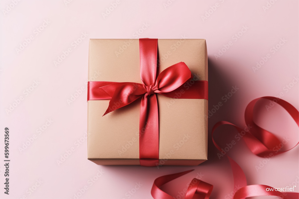Pink gift box tide with red ribbons on pink background, mother's day or father's day or holly day generative ai Pink gift box tide with red ribbons on pink background, mother's day or father's day or holly day generative ai