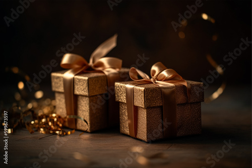 Two gift box tide with gold ribbons on vintage background, mother's day or father's day or holly day generative ai © 92ashrafsoomro