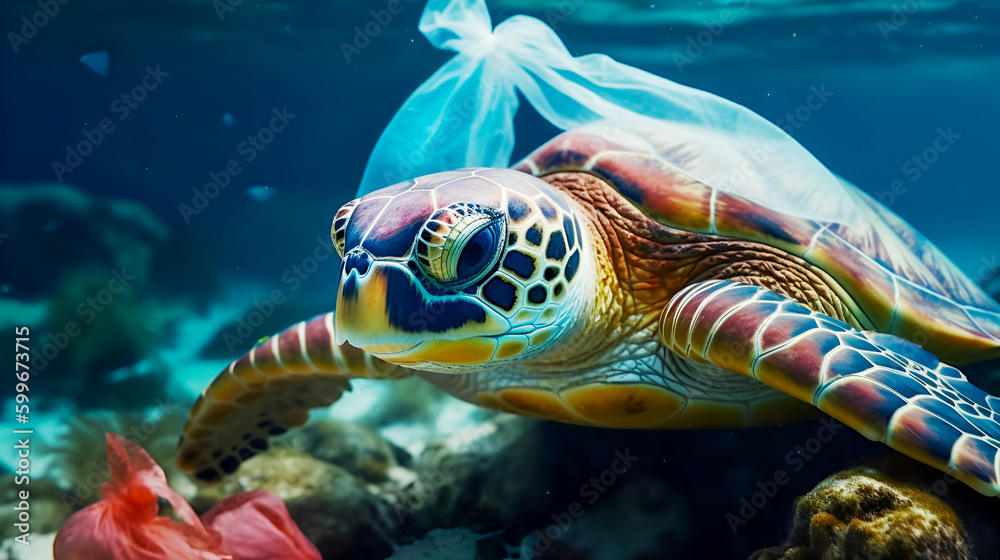 Fototapeta premium Plastic pollution in ocean problem and Environmental Problem. Hawksbill turtle entangled of plastic bag Floating Up Over dirty Coral reef with garbage and plastic bags. Generative ai
