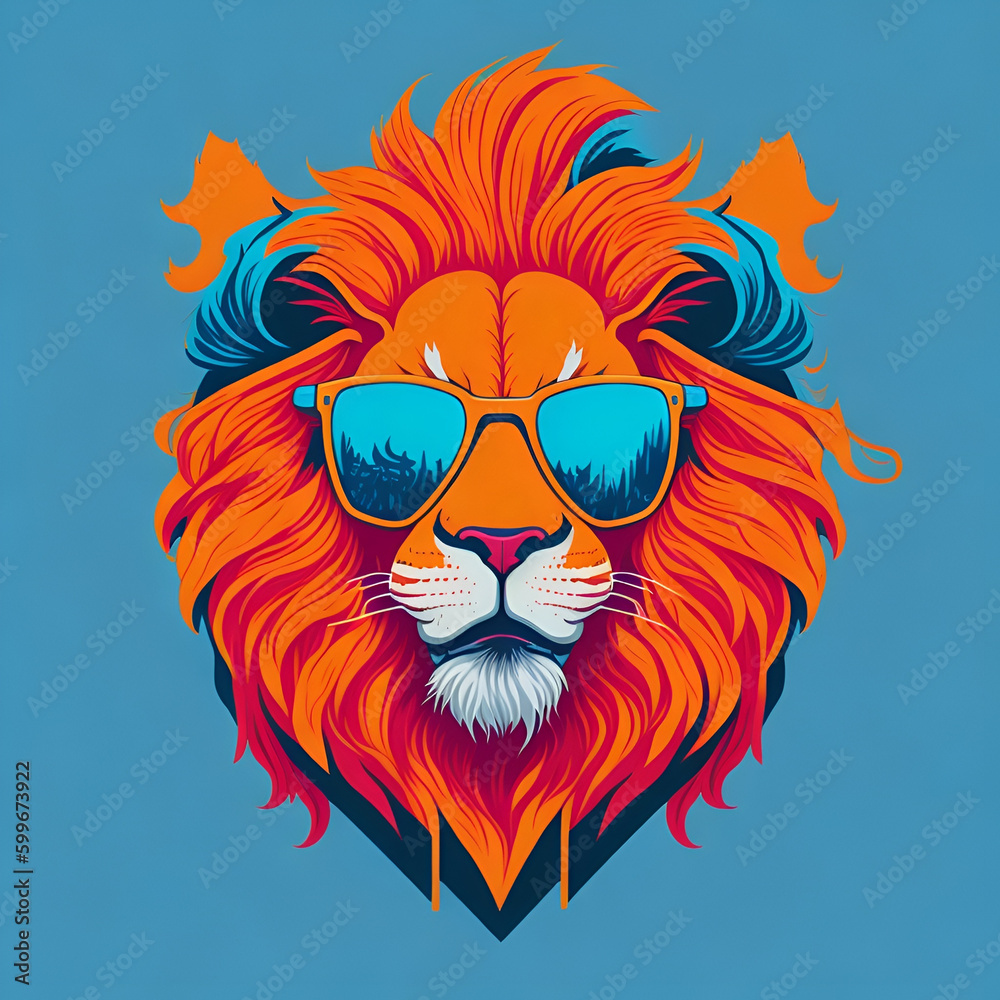 Artwork of t-shirt graphic design, flat illustration of one retro aggressive lion, wearing a sunglasses