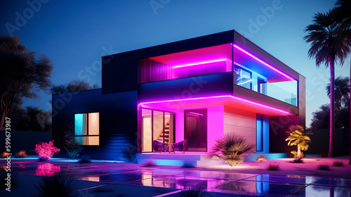 Modern villa with swimming pool in night neon light. Neon colored facade. Generative AI. High quality illustration