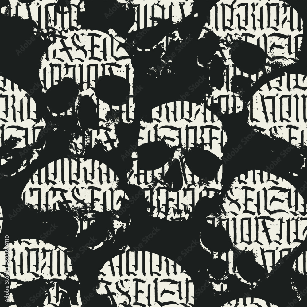 Seamless pattern with human skulls and gothic text. Vector background with sinister smiling skulls in retro style. Graphic print for clothes, fabric, wallpaper, wrapping paper