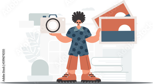 ﻿The person holds a camera and photographs in his hands. The concept of rest and travel. Trendy style, Vector Illustration