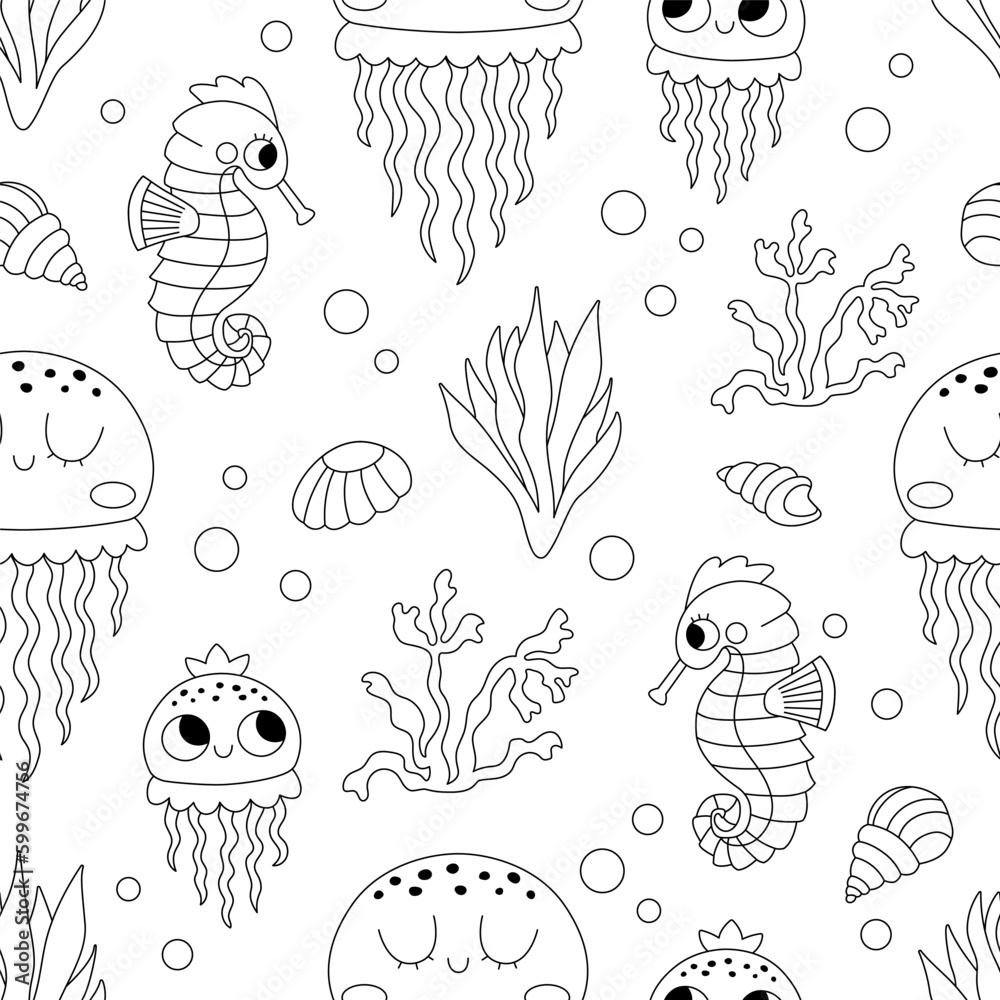 Fototapeta premium Vector black and white under the sea seamless pattern. Repeat line background with jellyfish and baby. Ocean life digital paper. Water animals and weeds illustration or coloring page with seahorse.