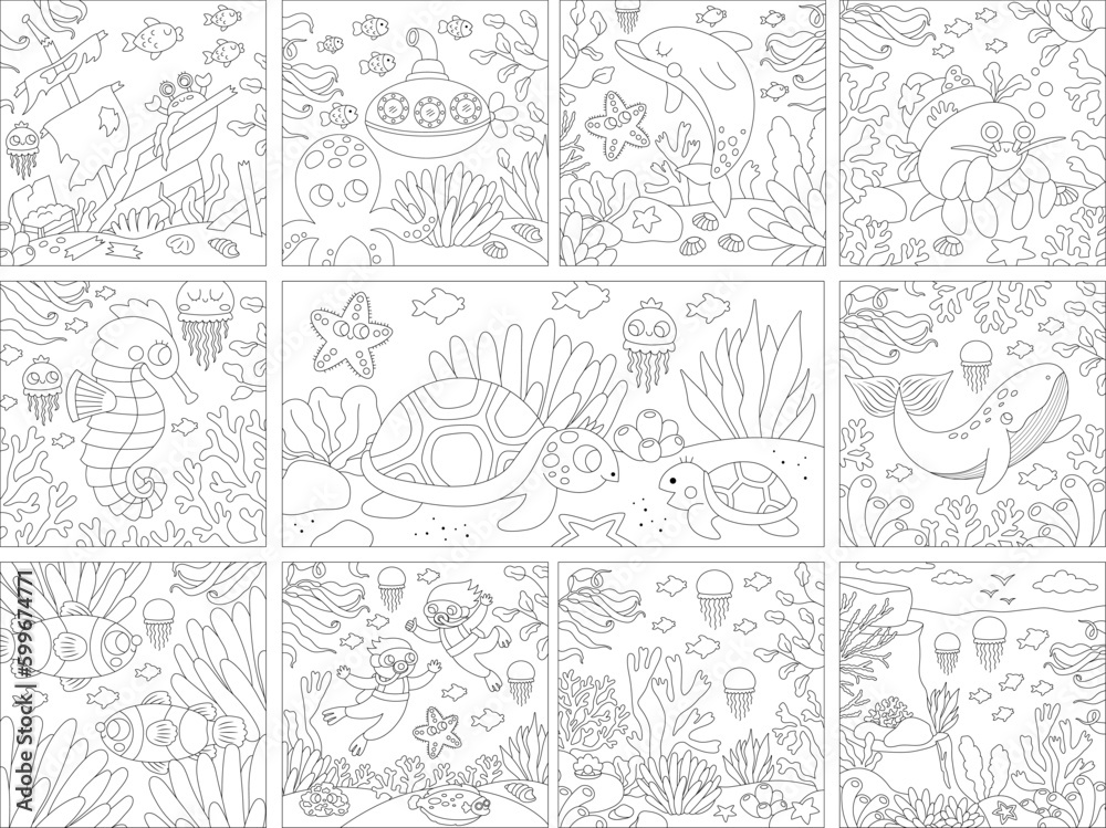 Vector black and white under the sea square landscapes set. Ocean life line scenes collection with seaweeds, corals. Cute water nature backgrounds or coloring page with shipwreck, divers.