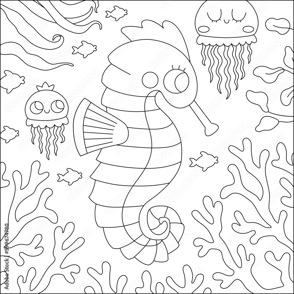 Vector black and white under the sea landscape illustration with seahorse and corals. Ocean life line scene with sand, seaweeds, reefs. Cute square water nature background, coloring page.