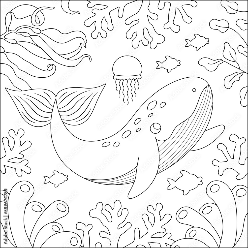 Obraz premium Vector black and white under the sea landscape illustration with blue whale and corals. Ocean life line scene with sand, seaweeds, reefs. Cute square water nature background, coloring page.