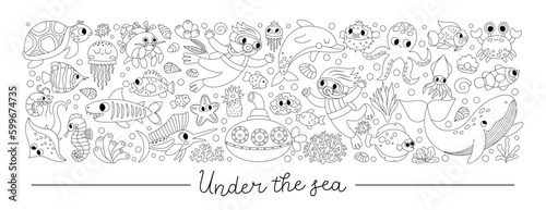 Vector black and white under the sea horizontal set with divers, submarine, animals, weeds. Line ocean card template design or coloring page. Cute illustration with dolphin, whale, tortoise, octopus .