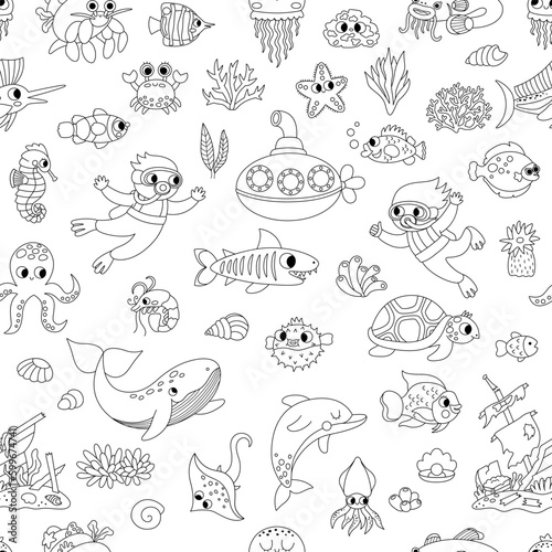 Vector black and white under the sea seamless pattern. Repeat background with cute fish, seaweeds, divers, submarine. Ocean life line digital paper. Water animals and weeds coloring page.