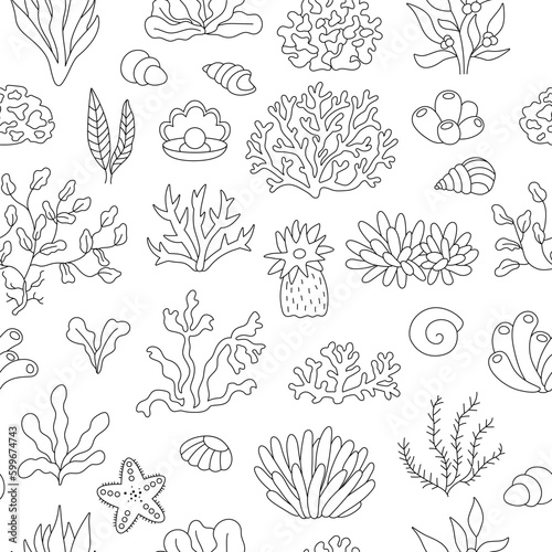 Vector black and white seamless pattern with seaweeds. Under the sea line repeat background or coloring page with corals, actinia, seashells, pearl. Ocean life or water weeds digital paper.