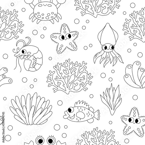 Vector black and white under the sea seamless pattern. Repeat line background with crab, starfish, squid, corals. Ocean life digital paper. Water animals illustration or coloring page with cute fish.