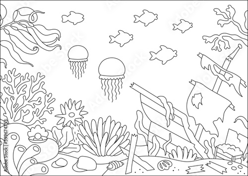 Vector black and white under the sea landscape illustration with wrecked ship. Ocean life line scene with seaweeds, stones, corals, reefs. Cute horizontal water nature background, coloring page.