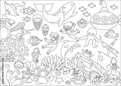 Vector black and white under the sea landscape illustration. Ocean life line scene with animals, dolphin, whale, submarine, divers, wrecked ship. Horizontal water nature background, coloring page. © Lexi Claus