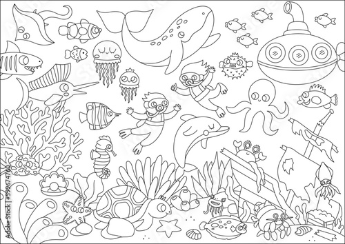 Vector black and white under the sea landscape illustration. Ocean life line scene with animals, dolphin, whale, submarine, divers, wrecked ship. Horizontal water nature background, coloring page.